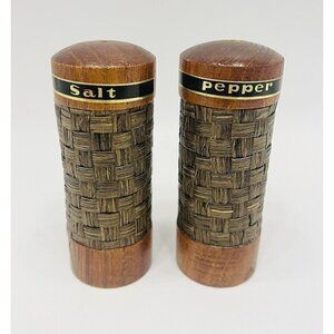 MCM Salt & Pepper Shakers Wood & Woven Bamboo Set 3¾” 1960s Japan NOS Vintage